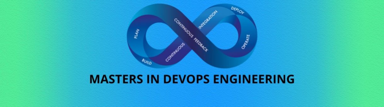 blue and green gradient with devops logo and course name is mentioned-Masters in DevOps Engineering